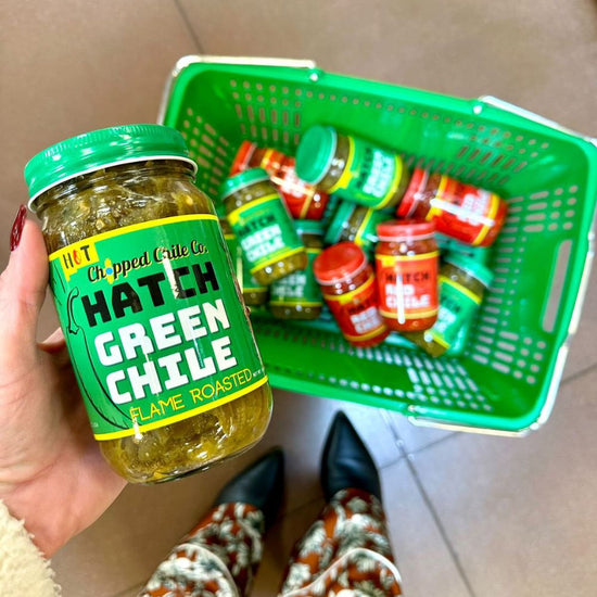 chopped chile co wholesale bulk hatch green chile in a shopping cart at a grocery store