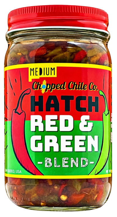 Medium red and green Hatch chile blend single 16 oz jar, transparent background