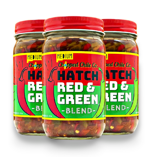 Three jars of Chopped Chile Co. red and green chile blend